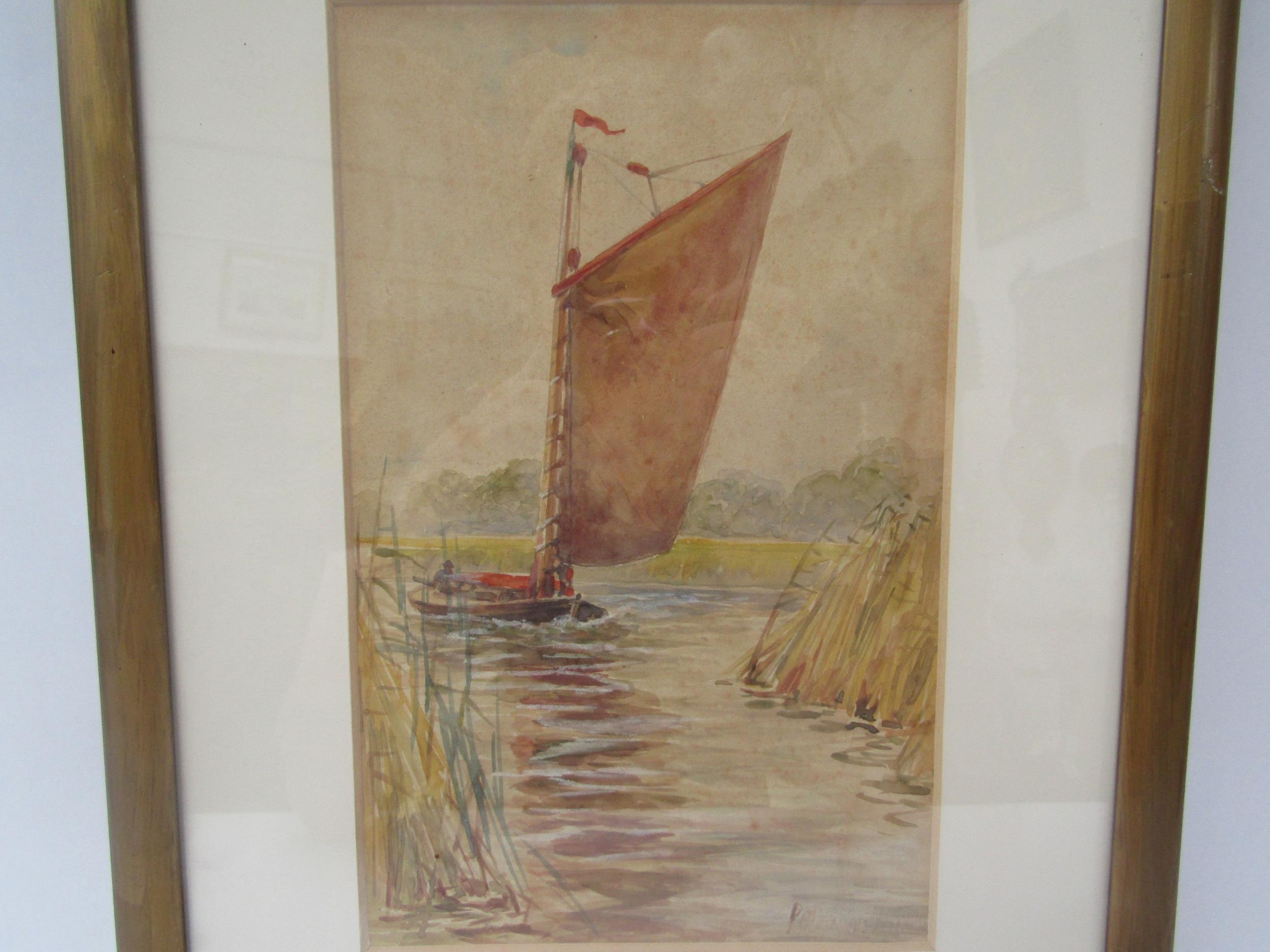 An early 20th Century watercolour depicting wherry boat sailing on the Broads, indistinctly - Image 2 of 4
