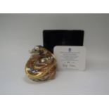 A Royal Crown Derby paperweight 'Dragon of Happiness', gold stopper with certificate, No. 253/
