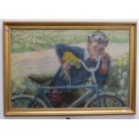 A 20th Century oil on canvas depicting boy with blue jumper leaning on a blue bike with bunch of
