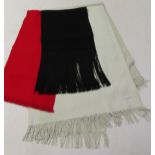 A Charlotte & Co 100% silk shawl 127cm x 178cm, a scarlet wool shawl together with a black crepe