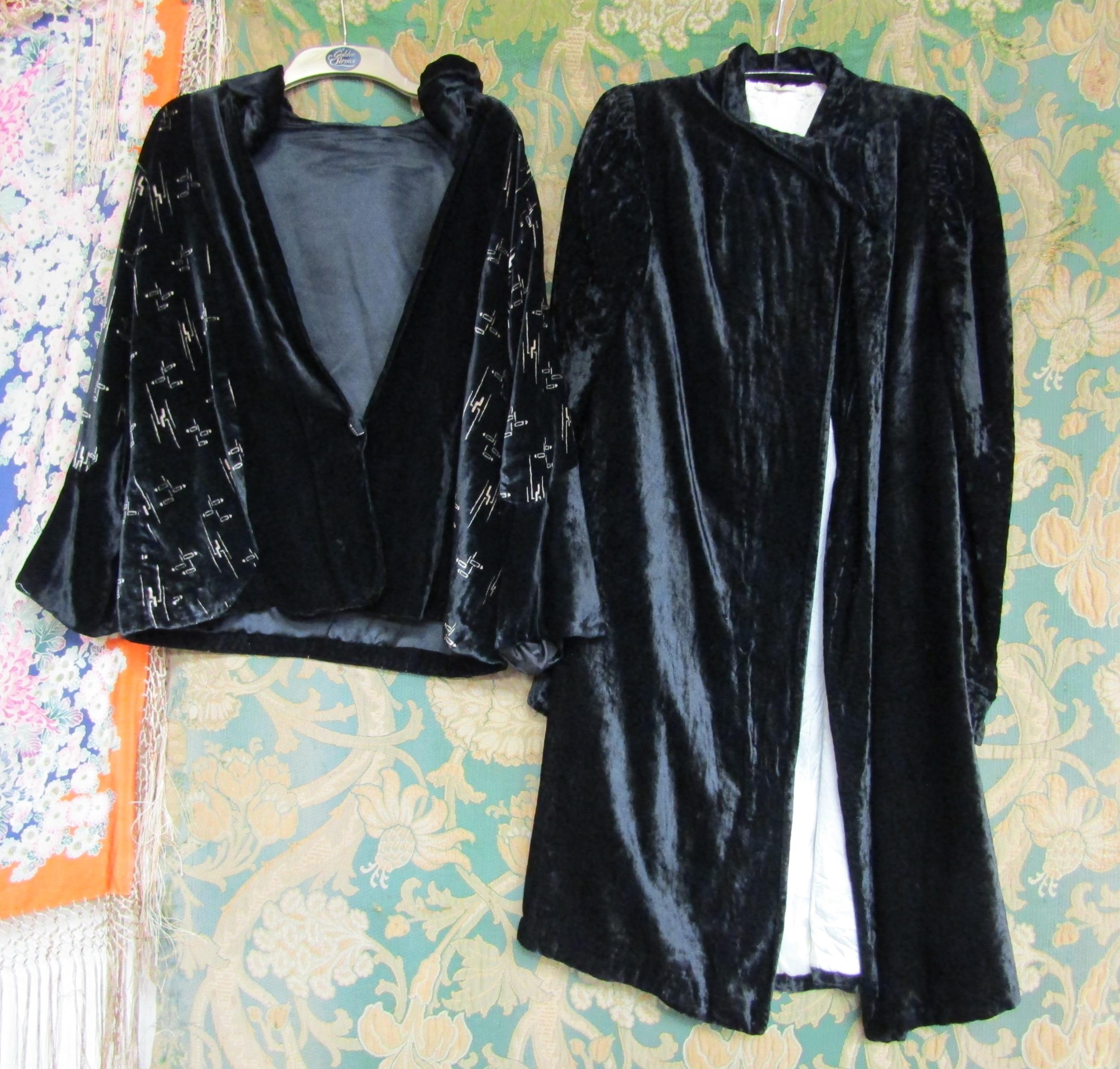 Two items of ladies' 1920's/30's clothing to include a black silk velvet coat, softly ruched at