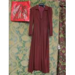 LEE BENDER AT BUS STOP rust nylon jersey full length dress, the front has a self tie detail