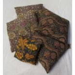 A pair of William Morris design cushions, aubergine, cream, olive, mustard colours, a pair of