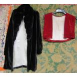 Two items of early 20th Century clothing to include a scarlet silk velvet cropped waistcoat and a