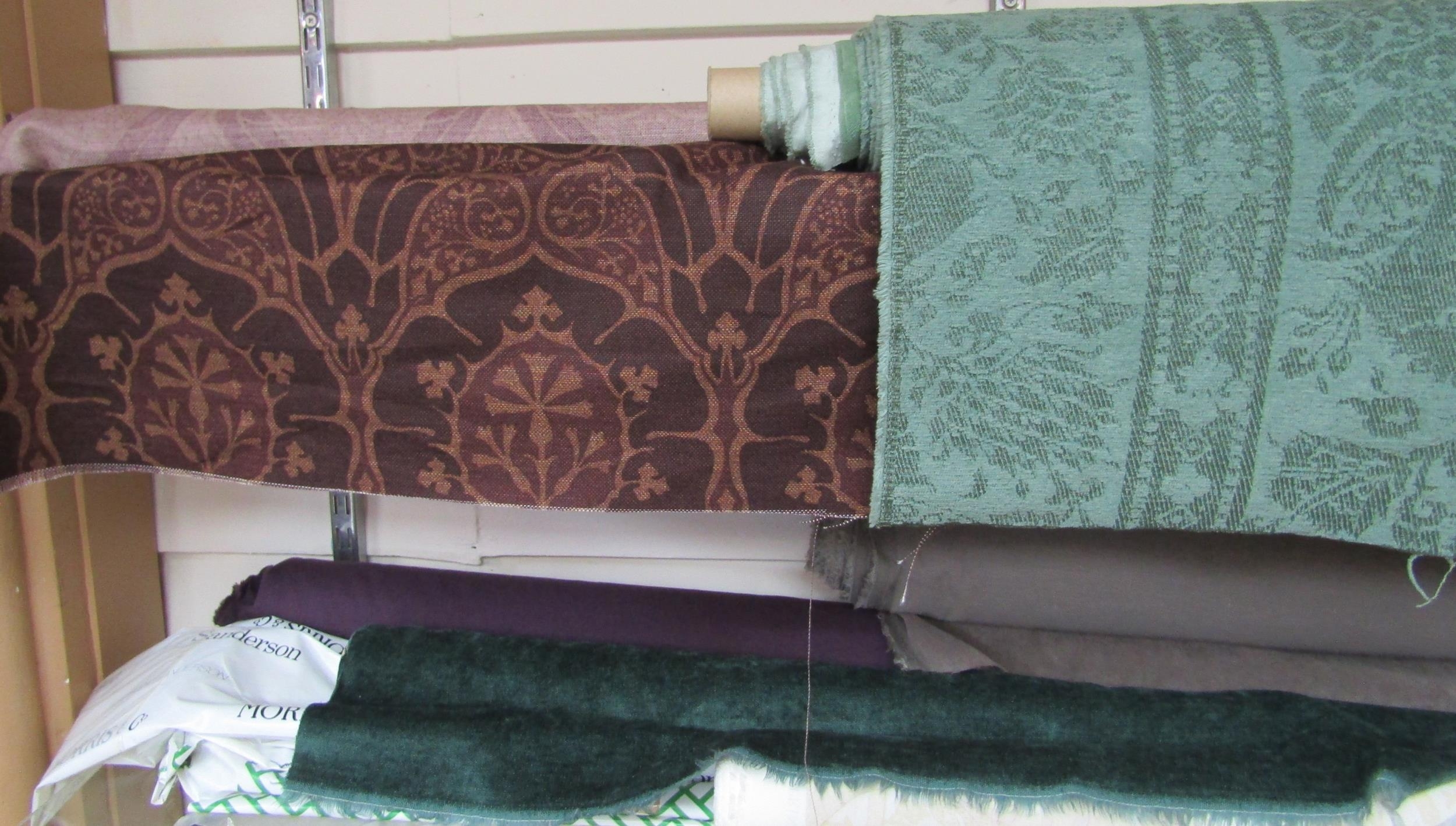 Five bolts of furnishing fabric including green embossed velour depicting stylised lions, possibly - Image 2 of 2