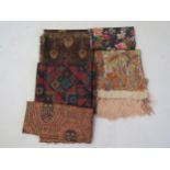 Four fine cotton shawls, geometric Indian motif, floral, and feathers, all possibly Liberty
