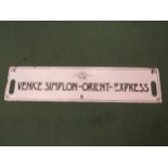 A Venice Simplon Orient-Express clip-on carriage sign