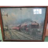 A framed and glazed print depicting LMS locomotive crossing a footpath with a permanent way hut to