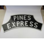 A wooden reproduction locomotive headboard "Pines Express", 91cm wide