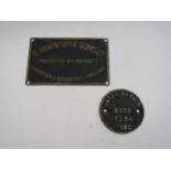 A brass R Hornsby & Sons Ltd makers plate and an iron wagon plate inter repair 6303 1980