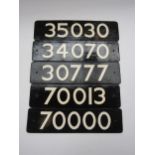 Five wooden painted reproduction locomotive smokebox numbers - 70000, 700013, 34070, 35030 and 30777