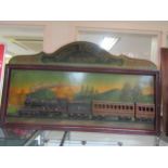 A wooden painted North Eastern Railway advertising board depicting locomotive and carriages