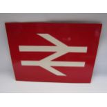 A wooden painted reproduction sign depicting British Railways double arrow logo, 40 x 29cm