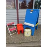 A Little Tikes drawing board and chair, Kiddy Chair and boxed child's teaset (4)