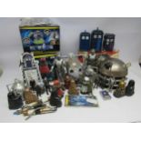 A collection of playworn BBC Doctor Who toys and collectables including action figures, Dalek and