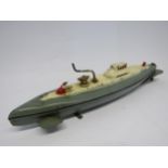 An unboxed tinplate clockwork diving submarine, possibly by CK, Japan, finished in grey and cream