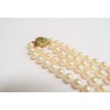 A double strand pearl necklace, 43cm long with 14k gold clasp with a pair of pearl stud earrings, no