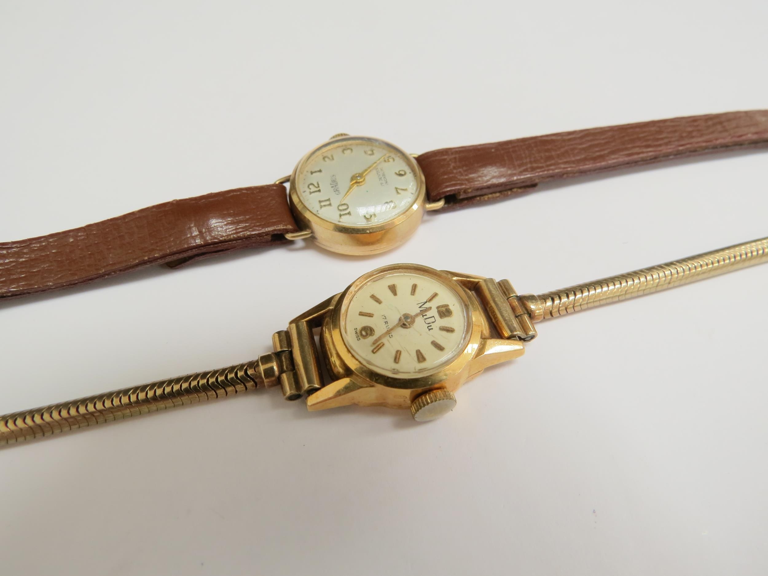 A MuDu 18ct gold cased lady's wristwatch on a 9ct gold strap, 12.3g and a 9ct gold cased Gradus - Image 2 of 2