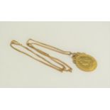 A 1900 gold sovereign with pendant loop, hung on chain, 8.8g