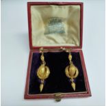 A pair of unmarked gold Etruscan style drop earrings, 5.2cm drop, 8.3g in fitted case