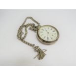 A silver cased pocket watch with watch chain