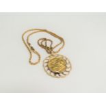 A 1901 gold sovereign in a circular pendant mount hung on a 9ct gold chain, 50cm long, 21.9g