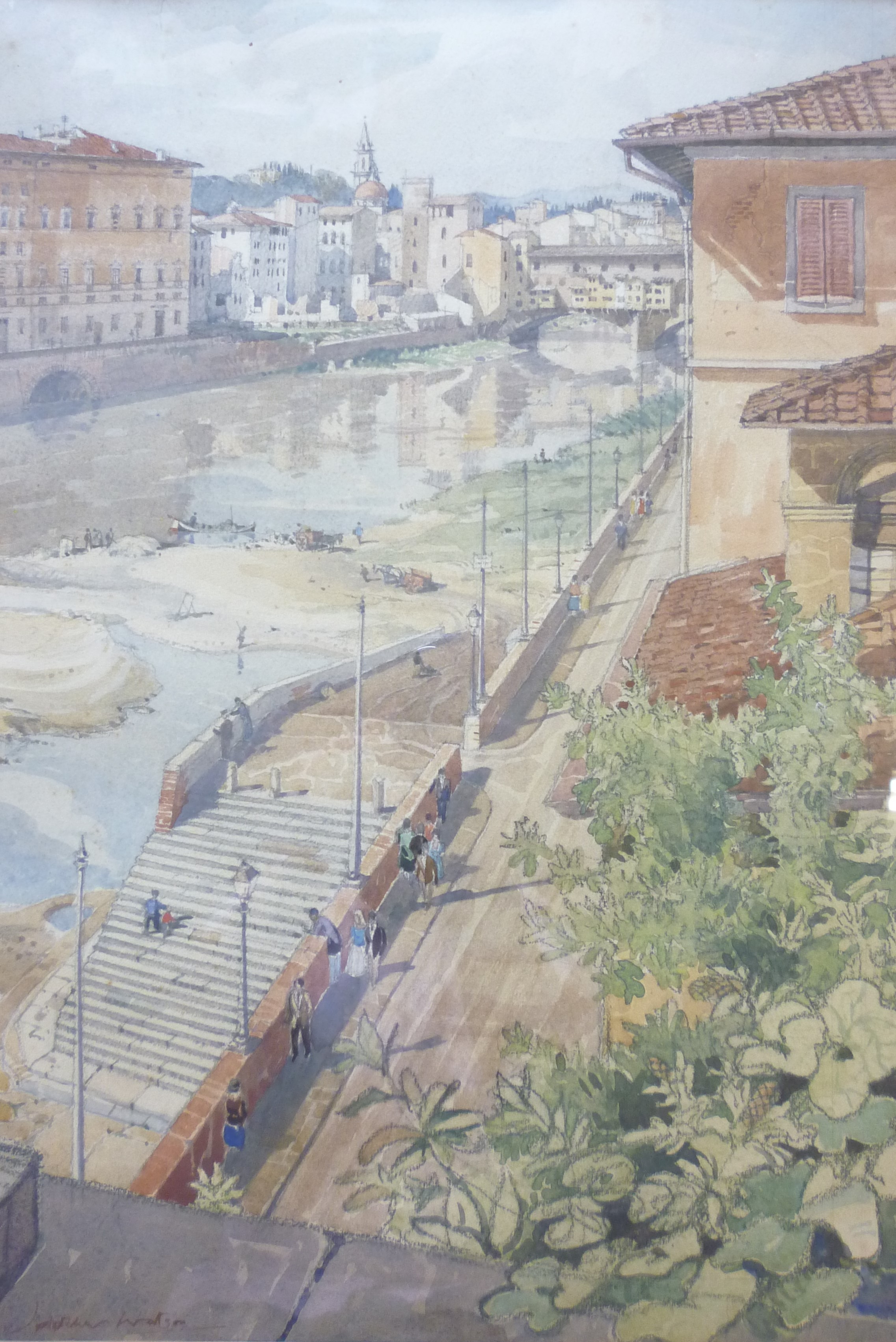 JAMES FLETCHER WATSON RI, RBA (1913-2004) A framed and glazed watercolour titled 'The Arno, - Image 2 of 5