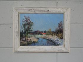 GEOFFREY WILSON (1920-2010) A framed oil on board, scene of the River Beck, Thelton. Signed bottom