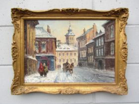 JAN RAWICZ (XIX/XX) An ornate gilt framed oil on canvas of a winter street scene in Warsaw. Signed