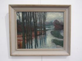 WYNDHAM LLOYD (1909-1997) A framed impasto oil on board of a winters flooded landscape. Signed