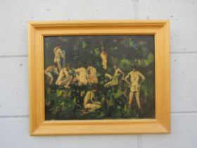 GEORGE GRAHAM II (1881-1949)(ARR): An oil on canvas of nude figures in woodland, Image size 30cm x