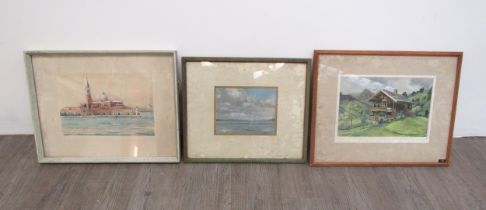 Three framed and glazed watercolours/gouache on paper including Derek Exell and one marked BP To SDM