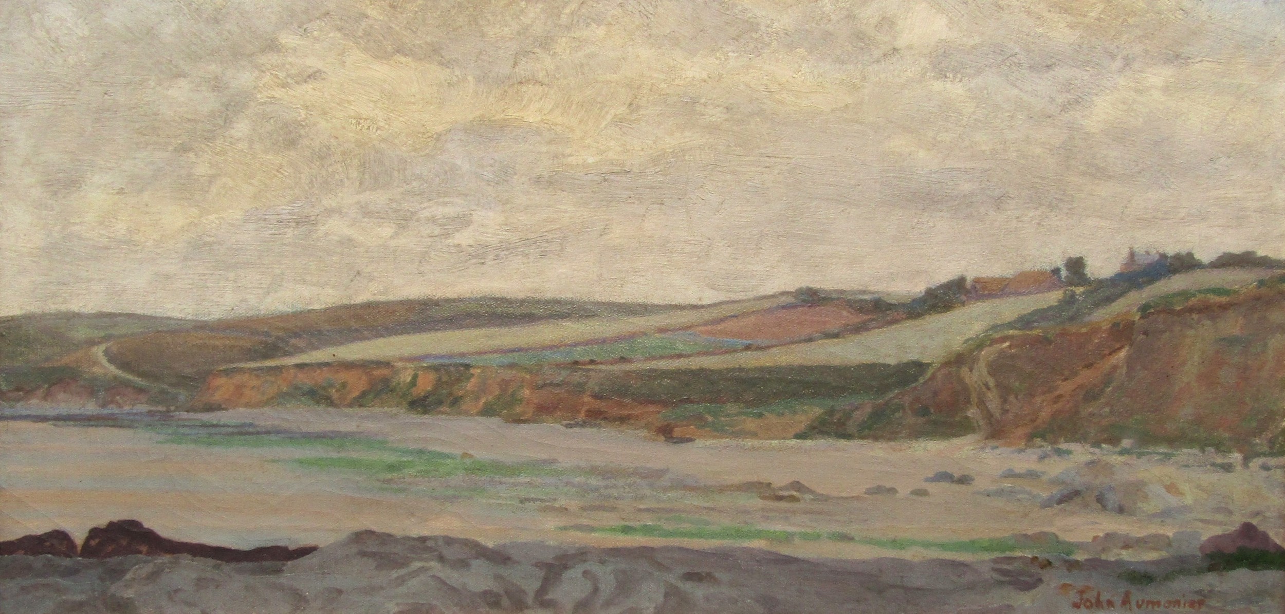 JOHN AUMONIER (act c1907-1940) A framed oil on canvas, Beach scene. Signed bottom right. Label - Image 2 of 5
