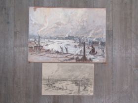 SIDNEY DENNANT-MOSS R.B.A (1884-1946) Two unframed pastel/charcoal on paper scenes of the Thames.