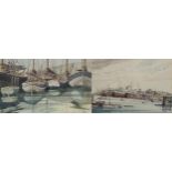 FRANK BROWN (XX) Two framed and glazed watercolours, harbour studies, moored boats and steam