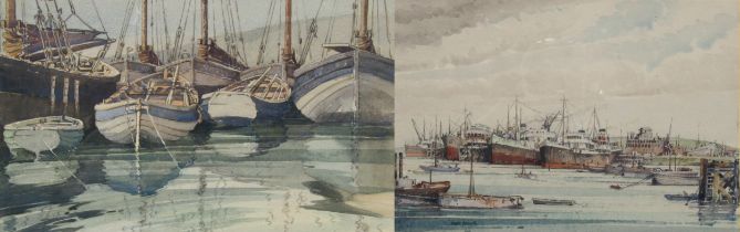 FRANK BROWN (XX) Two framed and glazed watercolours, harbour studies, moored boats and steam
