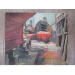 DEREK EXELL (XX) An unframed oil on canvas of a shipyard. Signed bottom right and dated ’58. 51cm
