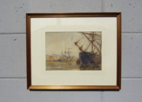 FRANK SALTFLEET (1860-1937) A framed and glazed watercolour, Sailing ships at harbour. Signed bottom