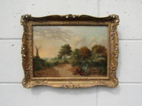 A 19th Century Norwich School oil on wooden panel depicting figures making camp near a bridge, river