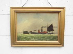GEORGE RACE (1872-1957) An oil on board depicting a steam trawler at sea, LT585. Gilt framed, signed