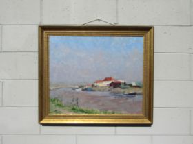 GEOFFREY WILSON (1920-2010) A large framed oil on canvas, scene at Walberswick, Suffolk. Signed