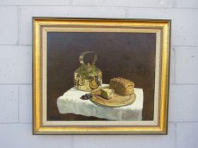 GERALD ROBERT TUCKER (b.1932) An oil on board still life, Brass kettle with bread and cheese, signed