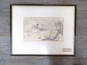 A framed and glazed pencil drawing titled 'Unrecorded History - Hokusai's Walk'. Script lower left