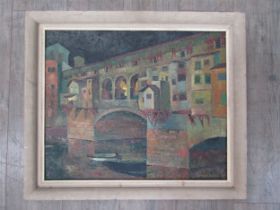 DEREK EXELL (XX) A framed oil on board ‘Ponte Vecchio, Florence’. Signed bottom right and dated ’62.