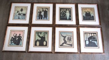 AKE HOLM (Swedish 1900-1980): A set of eight woodcut prints of figures, framed and glazed, pencil