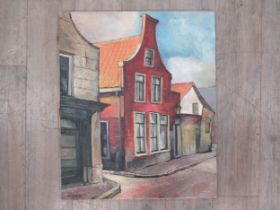 DEREK EXELL (XX) An unframed oil on canvas, street scene. Signed bottom left and dated ’57. Canvas