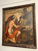 An Old Master painting most likely 17th Century depicting Saint Jerome kneeling at altar with a