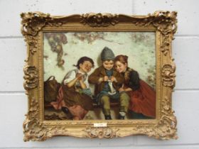 An oil on canvas depicting three children, one knitting. Signed top right 'A Sani'. Set in an ornate