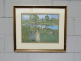 DAN SIDDALL (XX) An ornate framed oil on canvas, Summer's Day on a river bank with figures. Signed