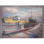 DEREK EXELL (XX) An unframed oil on board of a shipyard. Signed bottom left and dated ’59. 60cm x